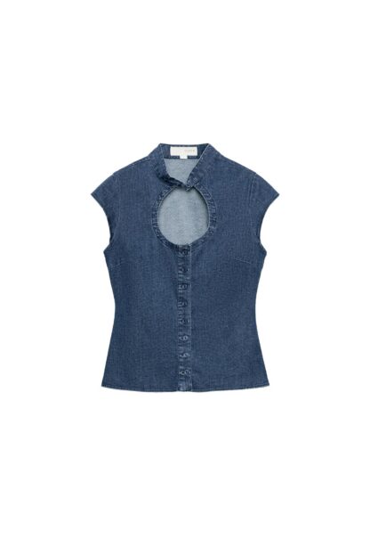 DENIM GÖRÜNÜMLÜ DÜĞMELİ ÜST